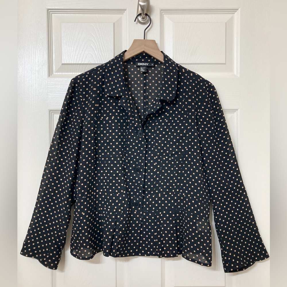 DKNY 100% Silk Black Tan Polka Dot Long Sleeve Button Up Blouse 16 XL Retro